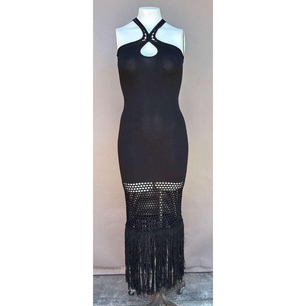 NEW PQ Swim Adrienne Fringe Maxi Dress M/L Midnight Halter Bodycon Sexy Macrame